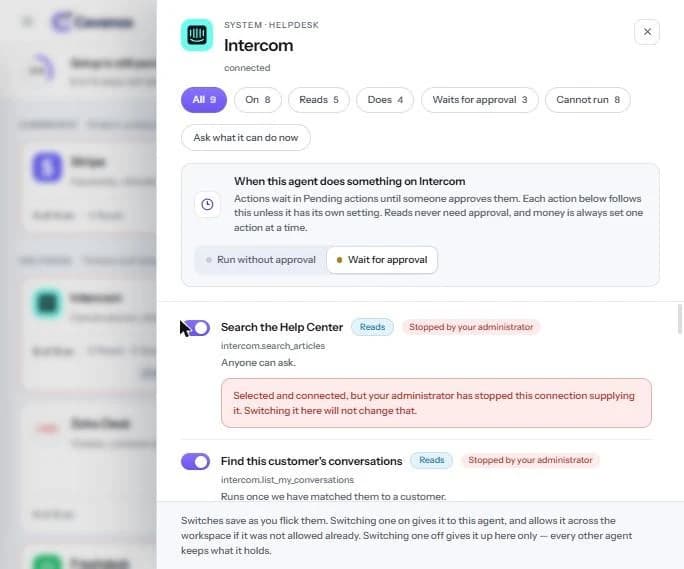 The Intercom panel: “Stopped by your administrator” on “Search the Help Center”.