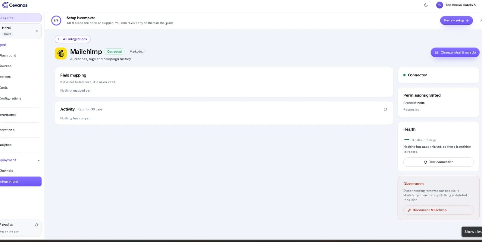 The connected Mailchimp page, with its connection health.