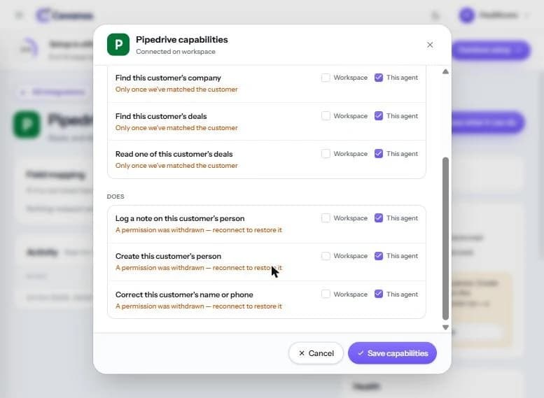 Scrolled down to the Does list. Each one says “A permission was withdrawn — reconnect to restore it”.