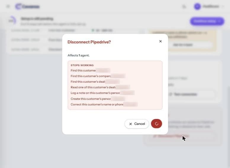 The “Disconnect Pipedrive?” confirmation, listing the affected agent and the seven capabilities that stop working.