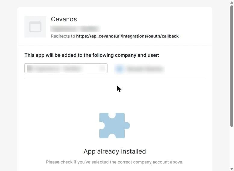 Pipedrive's “Authorize application” page: the redirect to Cevanos, and the company and user (blurred).