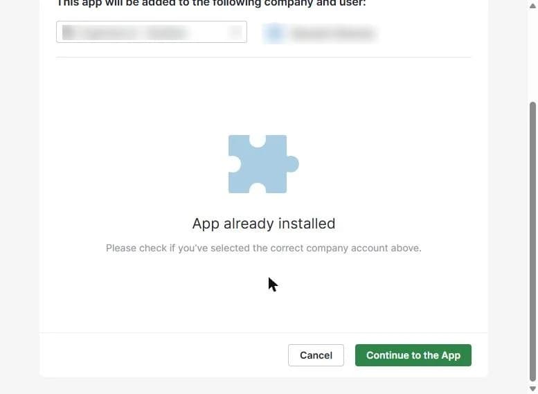 Scrolled down: “App already installed”, with Cancel and Continue to the App.