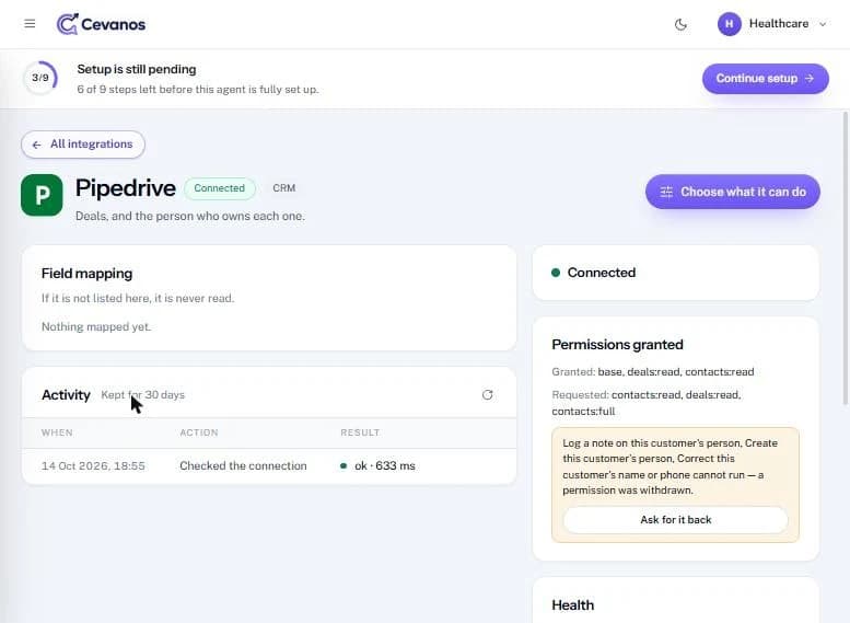 The Pipedrive page: Connected status, activity, and permissions granted with a withdrawn-permission box.