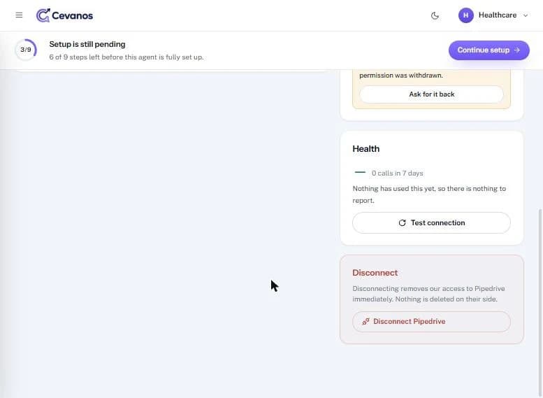 Scrolled down: Health with “Test connection”, and the Disconnect box.