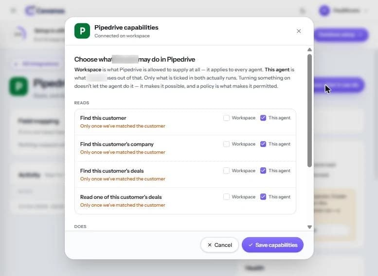 Pipedrive capabilities: the Reads list, with Workspace unticked and This agent ticked.