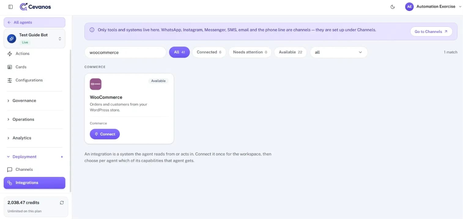The WooCommerce card shows “Available” before you connect.