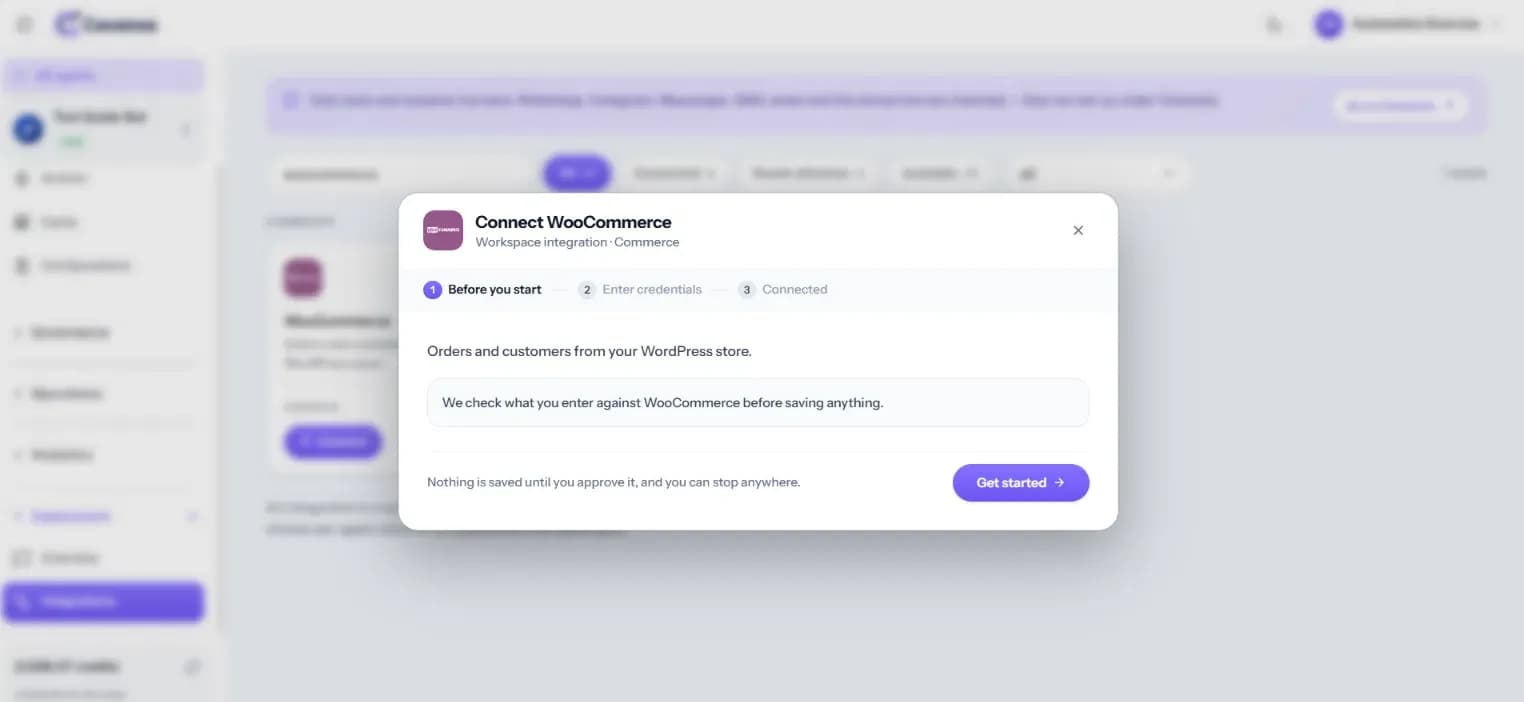 Connect WooCommerce, screen 1 of 3: “Before you start”.
