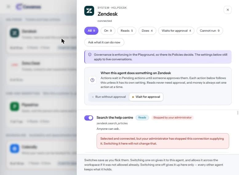 The Zendesk panel: “Stopped by your administrator” on “Search the help centre”.