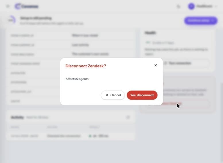 The “Disconnect Zendesk?” confirmation, showing how many agents are affected.