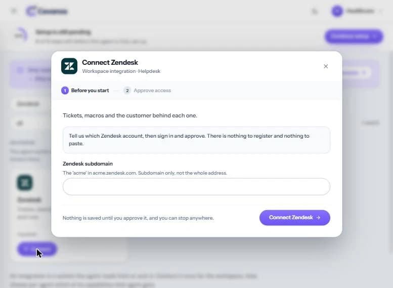 Connect Zendesk, screen 1 of 2: “Before you start”, with the subdomain field.