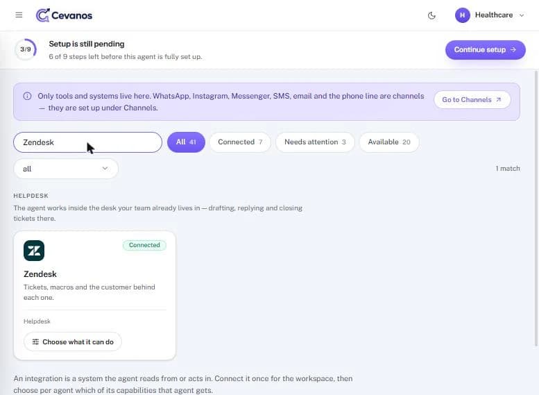 The Zendesk card after connecting: “Connected” and “Choose what it can do”.