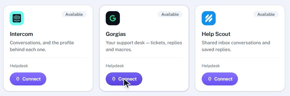 Gorgias not connected: the card shows “Available” and a “Connect” button.