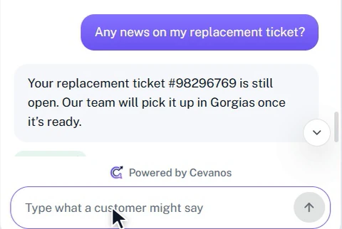 In the Playground: the agent answers from the customer's own Gorgias ticket.