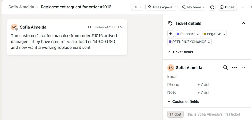 A ticket the agent opened, in Gorgias, written up for your team.