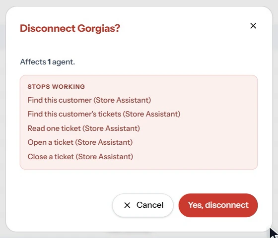 The “Disconnect Gorgias?” confirmation, with the actions that stop working.