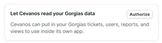 Cevanos in Gorgias's App Store: “Authorize” opens Cevanos.