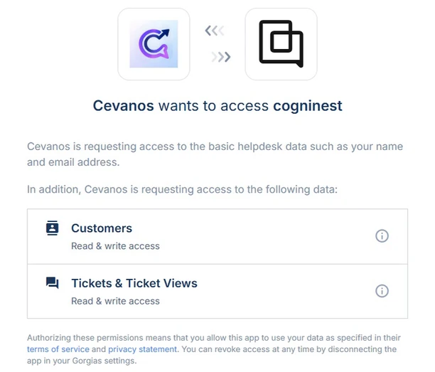 Gorgias's own approve screen: Customers and Tickets & Ticket Views, read and write.