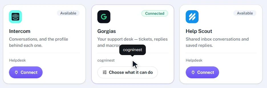 The Gorgias card after connecting: “Connected”, the subdomain and “Choose what it can do”.