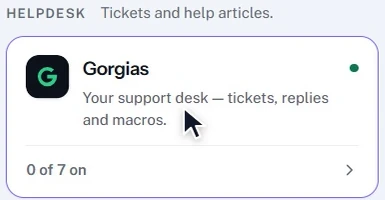 The Gorgias card on Actions: “0 of 7 on” right after connecting.