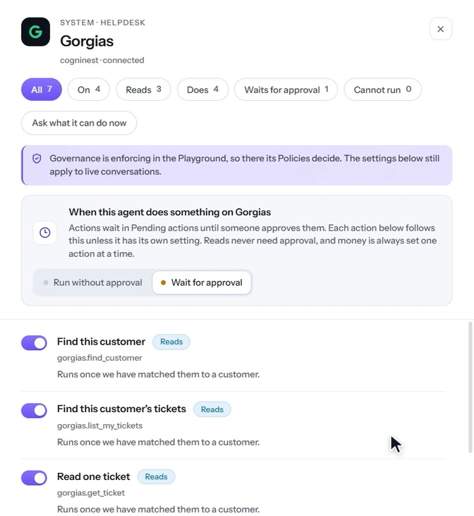 The Gorgias panel with the reads switched on and “Wait for approval” chosen for the Does actions.